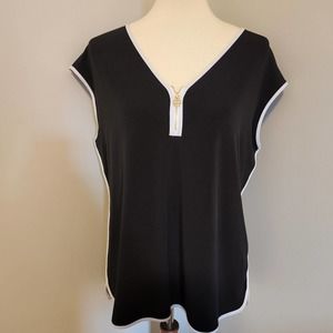 Calvin Klein Black and White Zipper V-Neck Blouse